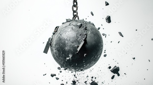 Metal demolition wrecking ball with a chain on white background. Wrecking ball on a chain with debris.