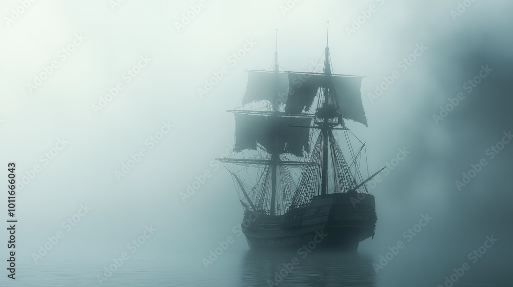 Creepy old ship in the fog. Ghost ship, a pirate ship. Creepy old ship in the fog. Ghost ship, a pirate ship.
