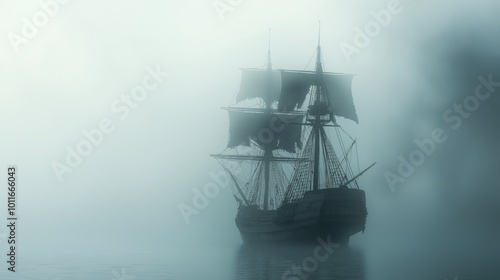 Creepy old ship in the fog. Ghost ship, a pirate ship.