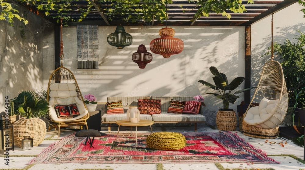 An inviting, bohemian-inspired outdoor patio adorned with vibrant textiles and unique lighting, perfect for relaxation. An inviting, bohemian-inspired outdoor patio adorned with vibrant textiles and unique lighting, perfect for relaxation.