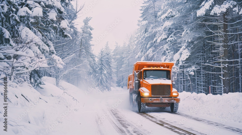 An orange snowplow truck clearing a snowy road lined with trees, forging a path through a serene winter wonderland. An orange snowplow truck clearing a snowy road lined with trees, forging a path through a serene winter wonderland.