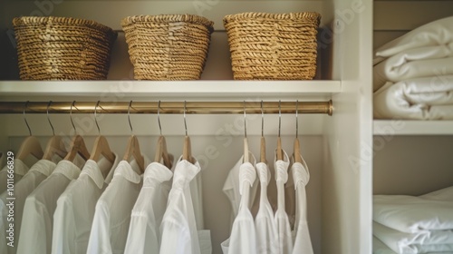 Neatly arranged white shirts and wicker baskets in a minimalist wardrobe exude organization and simple elegance, reflecting a clean and tidy lifestyle.