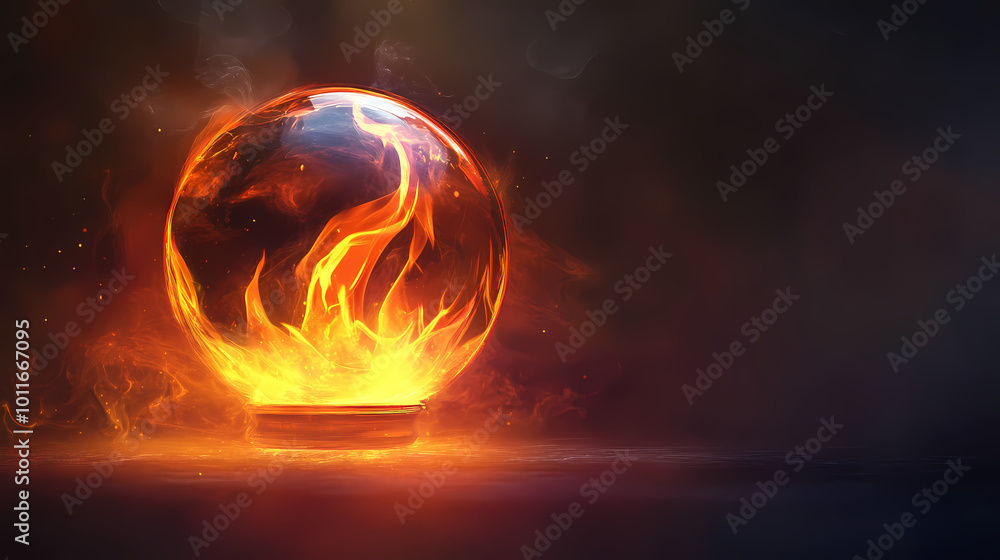 Magic crystal ball for fortune telling with flame and smoke on a dark background. Crystal Ball Vision. Illustration Magic crystal ball for fortune telling with flame and smoke on a dark background. Crystal Ball Vision. Illustration
