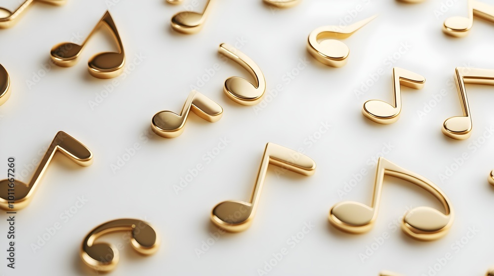 Musical notes conception. Abstract musical background with notes. Colorful music notes background. Golden musical notes isolated on white background. Musical notes 3D render isolated on white