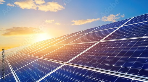 Solar Panels under a Cloudy Sunset Sky