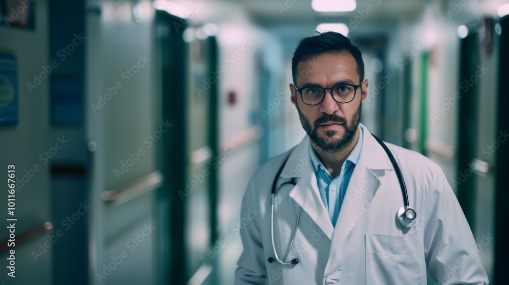 An intense-looking doctor with a stethoscope around his neck stands in the desolate hospital hallway, casting a serious and focused gaze. An intense-looking doctor with a stethoscope around his neck stands in the desolate hospital hallway, casting a serious and focused gaze.