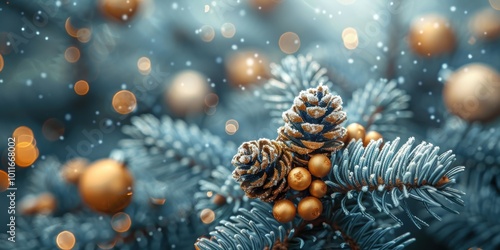 Wallpaper Mural A beautifully detailed close-up of snow-covered pine cones and festive gold ornaments on a Christmas tree branch captured in a serene winter setting Torontodigital.ca