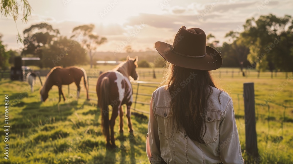 A tranquil countryside scene with a person in a hat watching horses graze in a sunlit field, encapsulating peacefulness and equestrian life. A tranquil countryside scene with a person in a hat watching horses graze in a sunlit field, encapsulating peacefulness and equestrian life.