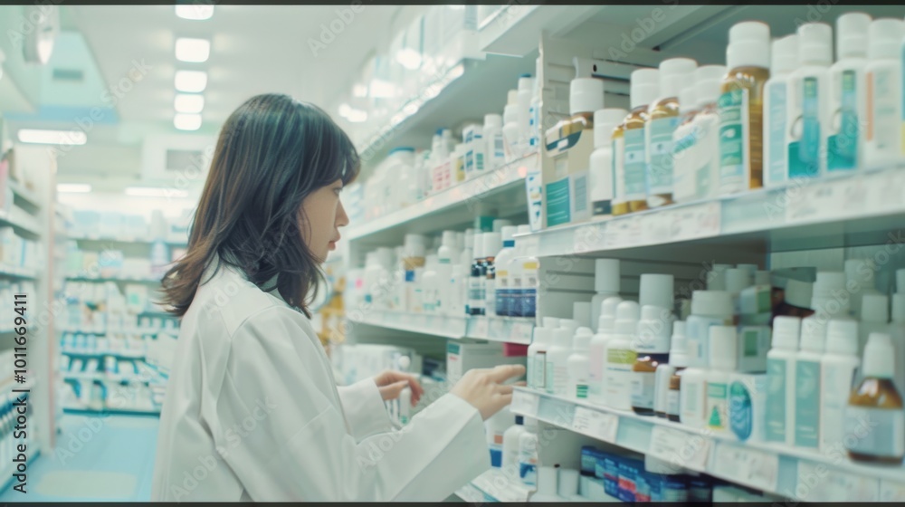 A woman in a white lab coat examines medicine bottles on a shelf in a well-lit pharmacy, appearing focused and diligent.