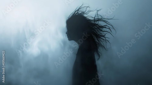 The silhouette of a woman with wild hair stands shrouded in fog, portraying a blend of mystery and ethereal beauty in a monochrome palette. photo