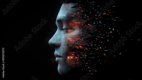 A human face composed entirely of pixels and binary code, slowly disintegrating into the digital world