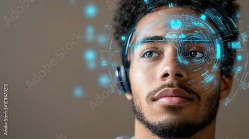 Futuristic Interface with Augmented Reality and Man Wearing Headphones photo