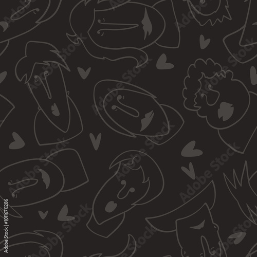 Seamless background with funny faces of anthropomorphic creatures. Humorous characters with different emotions