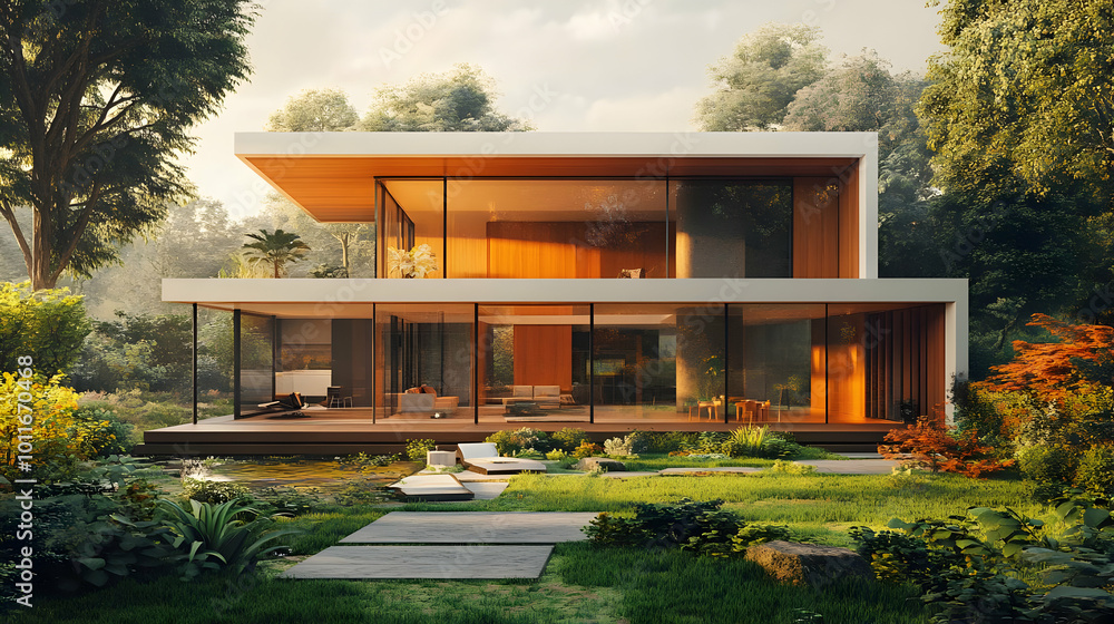 Modern House with Large Windows and a Lush Garden 3D Illustration Modern House with Large Windows and a Lush Garden 3D Illustration