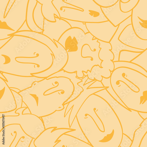 Seamless background with funny faces of anthropomorphic creatures. Humorous characters with different emotions
