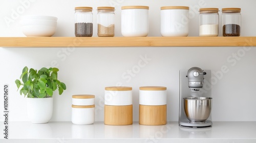 Modern Kitchen Counter with Cookware and Storage Jars