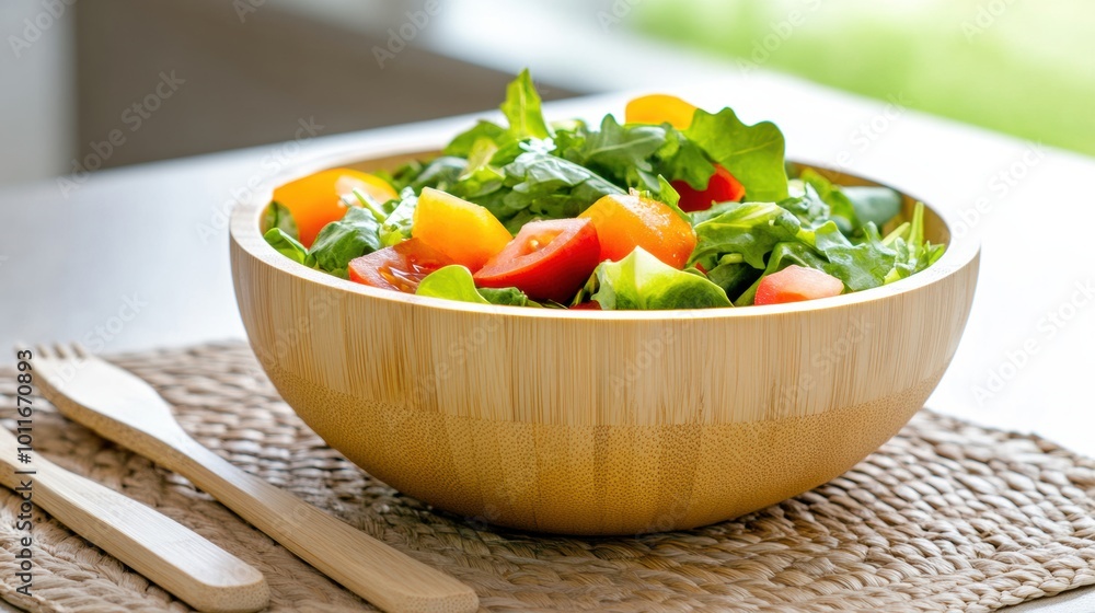 Fresh Salad in Bamboo Bowl on Natural Setting Fresh Salad in Bamboo Bowl on Natural Setting