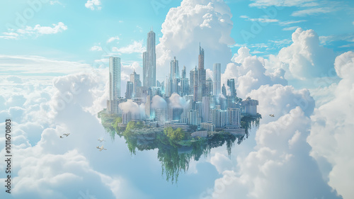 A futuristic city floating in the sky with crystal-clear blue skies and cotton candy clouds, seamless integration of technology and nature