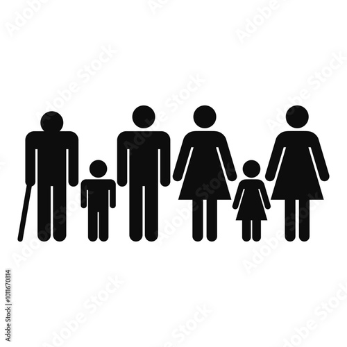 Vector high quality illustration of a family with parents, children and grandpa isolated - Family related graphic representation