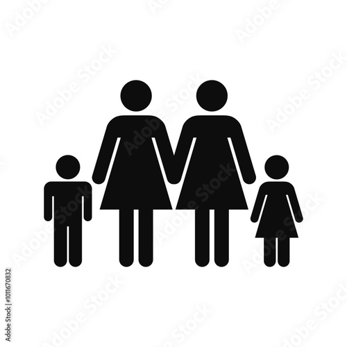 Vector high quality illustration of a family with two moms black symbol isolated - Modern lesbian family graphic representation