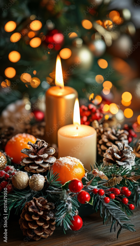 Rustic Christmas Candles with Pinecones and Ornaments. Christmas Candles with Pinecones and Ornaments Rustic Christmas Candles with Pinecones and Ornaments. Christmas Candles with Pinecones and Ornaments