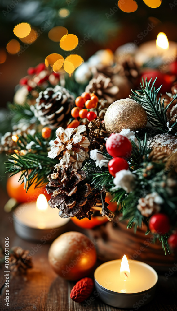 Rustic Christmas Candles with Pinecones and Ornaments. Christmas Candles with Pinecones and Ornaments Rustic Christmas Candles with Pinecones and Ornaments. Christmas Candles with Pinecones and Ornaments