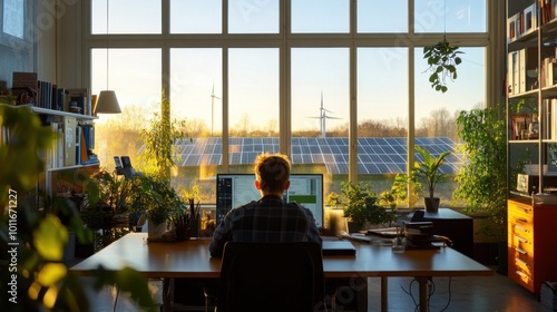 High-tech home office illuminated by natural light, person working at desk with a view of distant solar farm. Green energy focus, Nikon Z8 capture. Modern interior design. photo