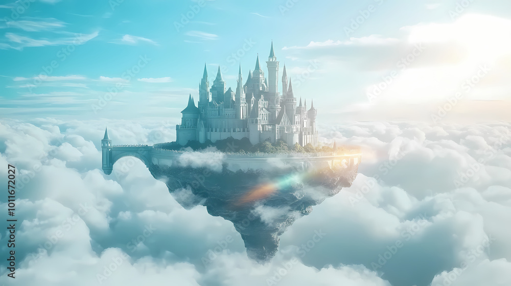 Highdetail fantasy landscape showing floating castle above the clouds connected by a rainbow bridge to distant lands. Floating Castle. Illustration Highdetail fantasy landscape showing floating castle above the clouds connected by a rainbow bridge to distant lands. Floating Castle. Illustration