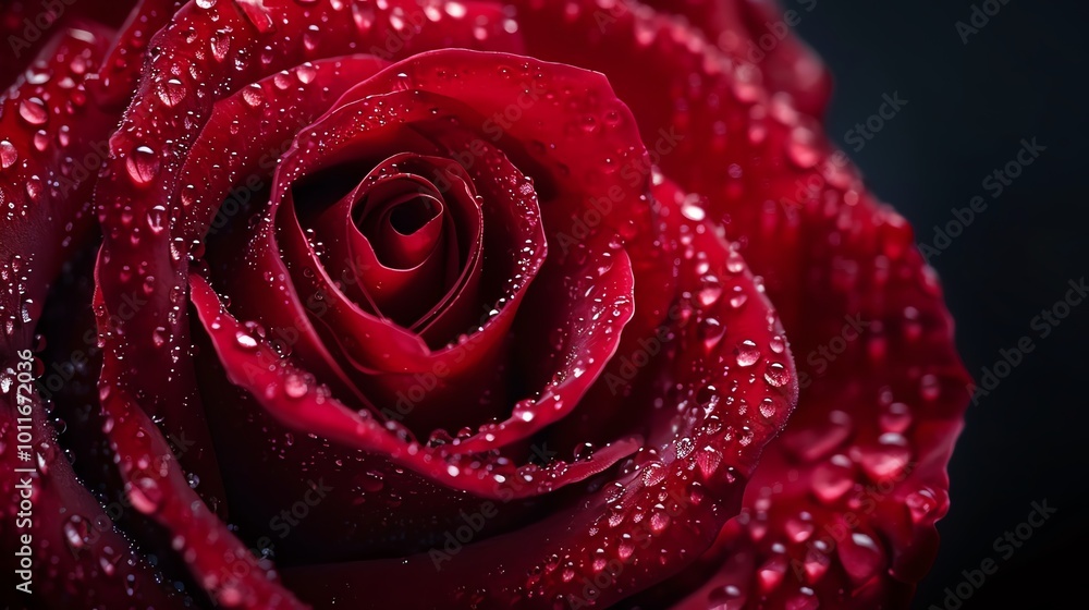 Close-up of a single red rose with raindrops, vibrant details and a dark blurred background, emphasizing natural beauty Close-up of a single red rose with raindrops, vibrant details and a dark blurred background, emphasizing natural beauty