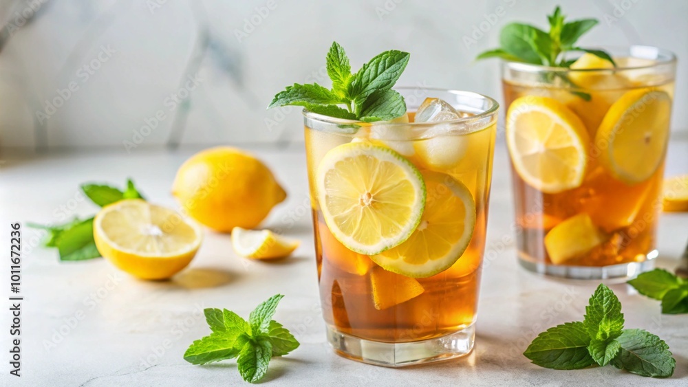 Two glasses of iced tea with lemon and mint. Two glasses of iced tea with lemon and mint.