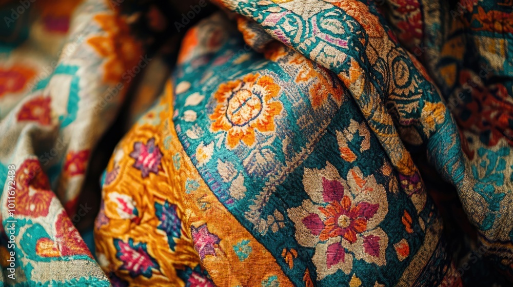 Beautiful South Asian textile art with colorful patterns, no people, leaving room for captions. Beautiful South Asian textile art with colorful patterns, no people, leaving room for captions.