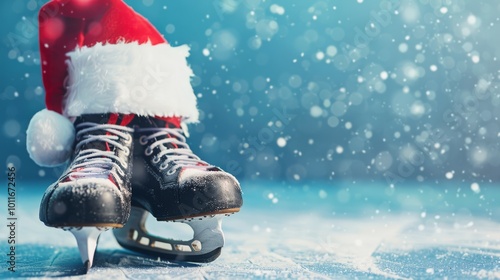 Ice skates adorned with a Santa hat rest on frosty ice, creating a festive, wintry scene. photo