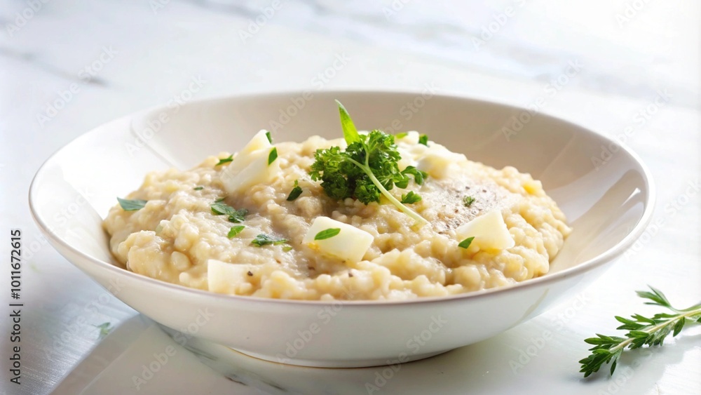 Creamy risotto with parmesan cheese and herbs in a white bowl on a marble surface. Creamy risotto with parmesan cheese and herbs in a white bowl on a marble surface.