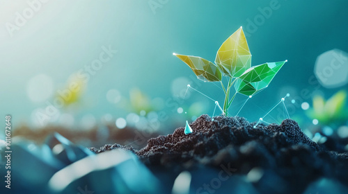 New plant sprouting from the soil in a modern, digital representation of growth and innovation