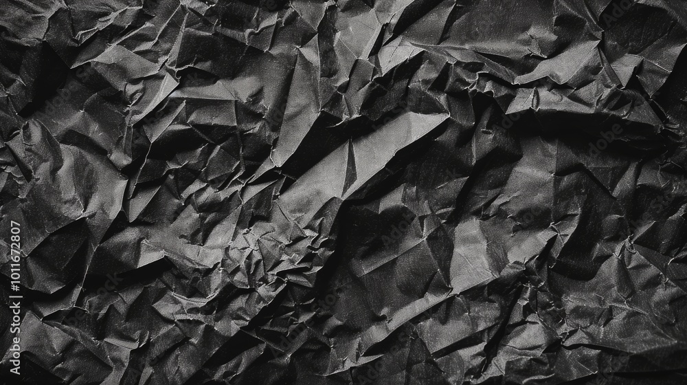 A close-up of crumpled black paper, showcasing intricate folds and shadows in a textured abstract composition. A close-up of crumpled black paper, showcasing intricate folds and shadows in a textured abstract composition.