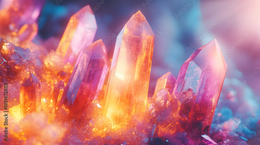 Sparkling Crystal Cluster with Glowing Light - 3D Illustration Sparkling Crystal Cluster with Glowing Light - 3D Illustration