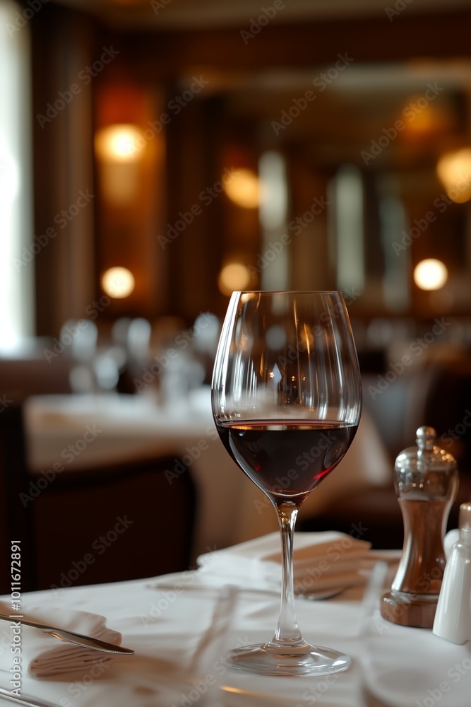 A wine glass is sitting on a table in a restaurant. The table is set with a knife, fork, and spoon, and there are several other wine glasses and cups on the table A wine glass is sitting on a table in a restaurant. The table is set with a knife, fork, and spoon, and there are several other wine glasses and cups on the table