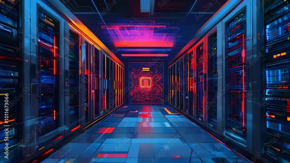 A computer server room with neon lights and a large computer A computer server room with neon lights and a large computer