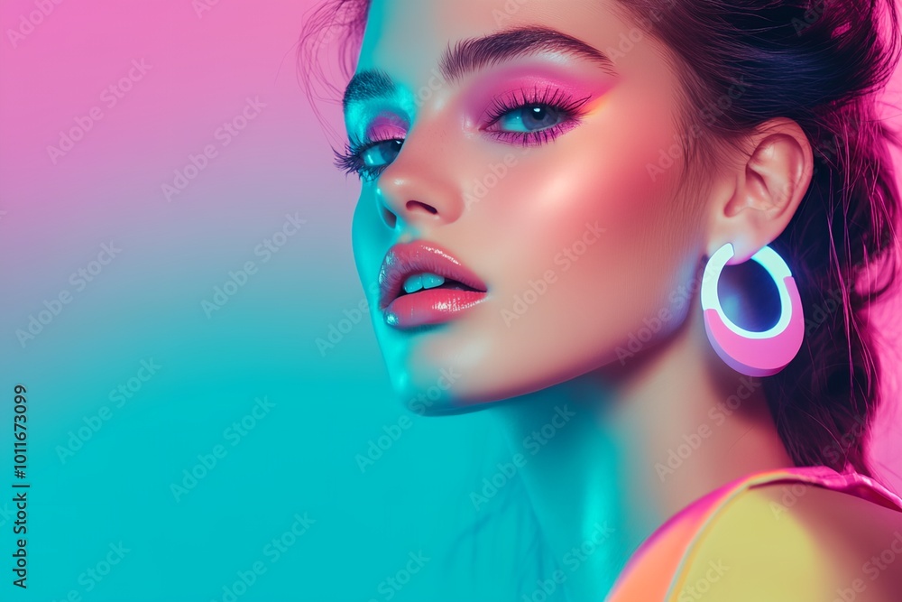 A woman with pink and blue earrings and pink lipstick. She is wearing a yellow top. The photo is in a neon color A woman with pink and blue earrings and pink lipstick. She is wearing a yellow top. The photo is in a neon color