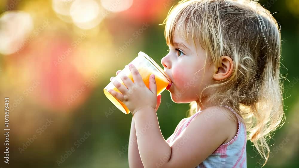 A young girl is drinking a glass of orange juice A young girl is drinking a glass of orange juice