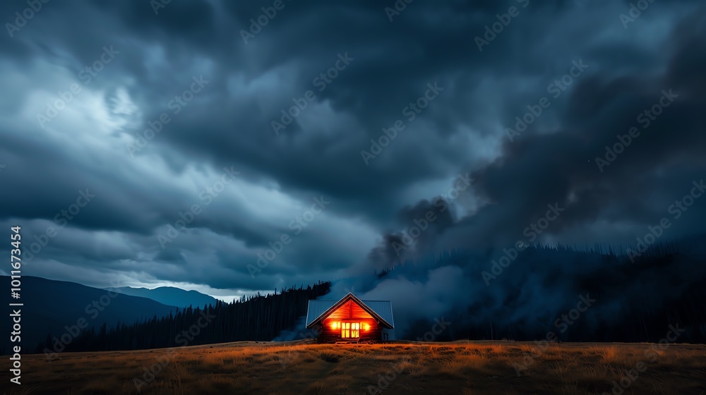 Obraz premium Flames engulfing a vintage wooden cabin, smoke billowing into a stormy sky