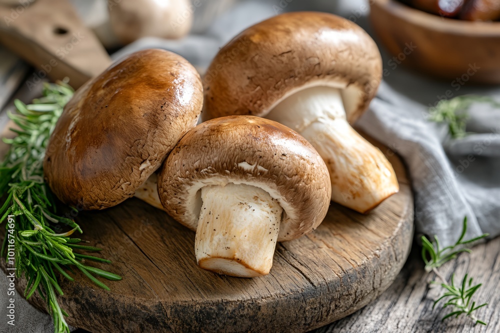 Three mushrooms are on a wooden cutting board. The mushrooms are brown and have a slightly fuzzy appearance. The cutting board is placed on a table with a bowl of food in the background Three mushrooms are on a wooden cutting board. The mushrooms are brown and have a slightly fuzzy appearance. The cutting board is placed on a table with a bowl of food in the background