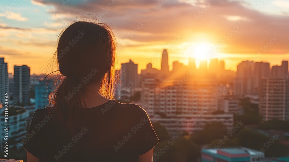 Fototapeta premium Woman enjoying a sunset view from a rooftop, peaceful and reflective moment, city skyline in the background.