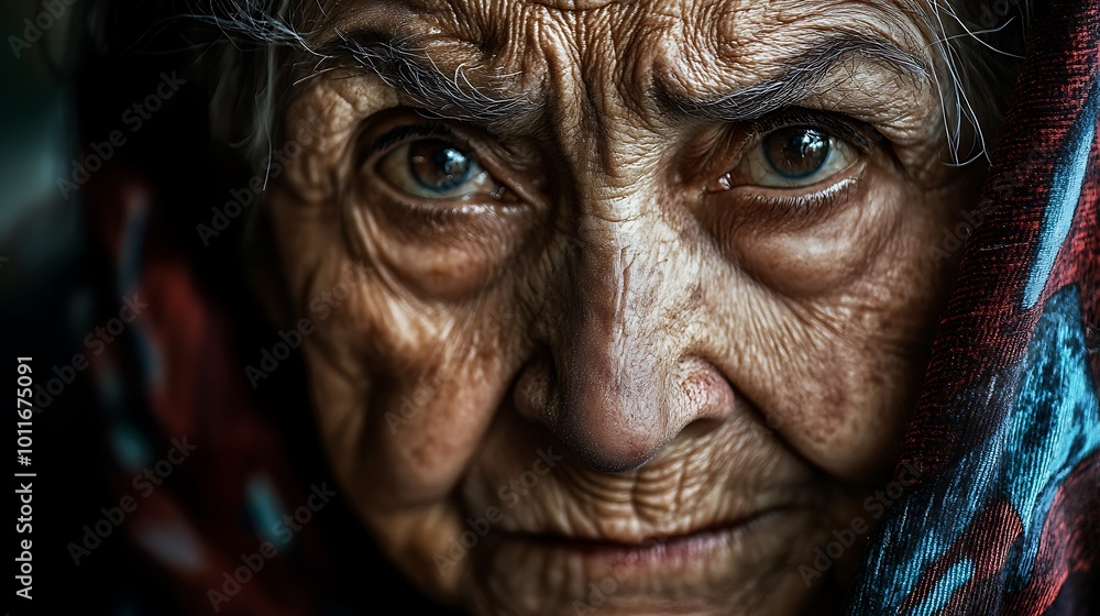 A close-up portrait of an elderly woman with deep wrinkles around her eyes and mouth. Her blue eyes, which are surrounded by long eyelashes, are looking directly at the camera. A close-up portrait of an elderly woman with deep wrinkles around her eyes and mouth. Her blue eyes, which are surrounded by long eyelashes, are looking directly at the camera.