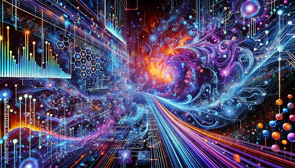 A vibrant and complex digital abstract artwork filled with swirling lines, bright colors, and futuristic elements A vibrant and complex digital abstract artwork filled with swirling lines, bright colors, and futuristic elements
