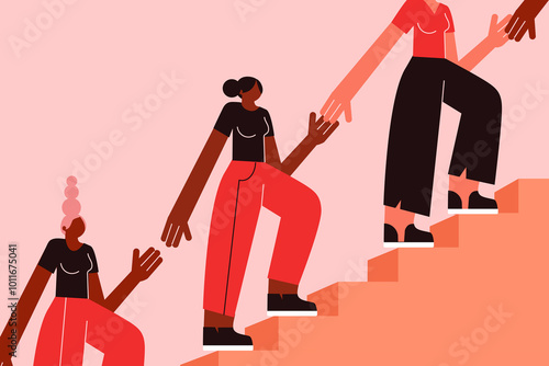 Women, girls climbing stairs, supporting, helping each other to make their way to the top. Womanhood, connection, solidarity, empowerment. Concept illustration on representation and inclusiveness