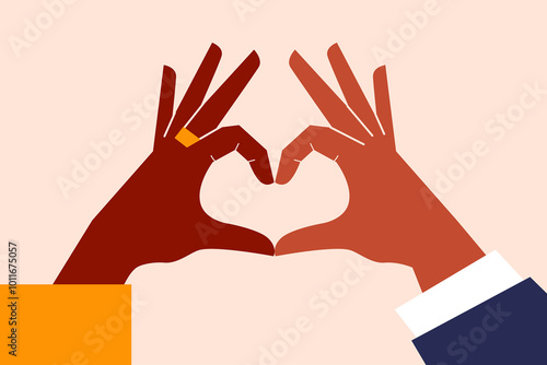 Two brown, black hands clasped together making a heart shape. Diversity, empowerment, support, love. Concept illustration for banner, post, magazine article