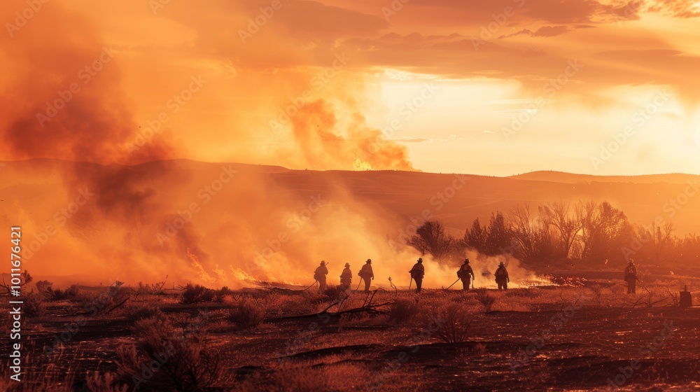 Fototapeta premium Firefighters work together at dusk to control and extinguish a massive wildfire under a smoke-filled sky, creating a dramatic and intense scene.