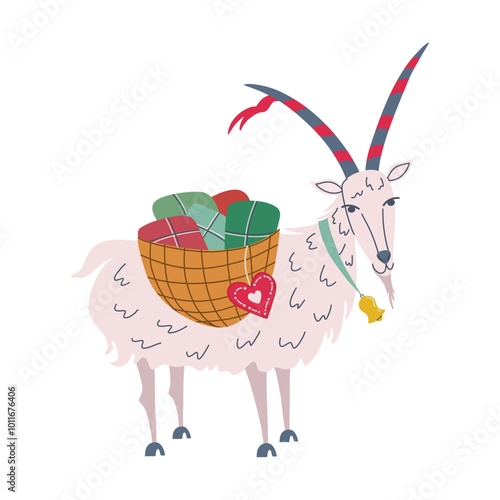 Yule goat, in Swedish julbock, with  gifts in wicker basket. Traditional Scandinavian Christmas symbol. Ethnic folk art. Hand drawn flat design vector illustration.
