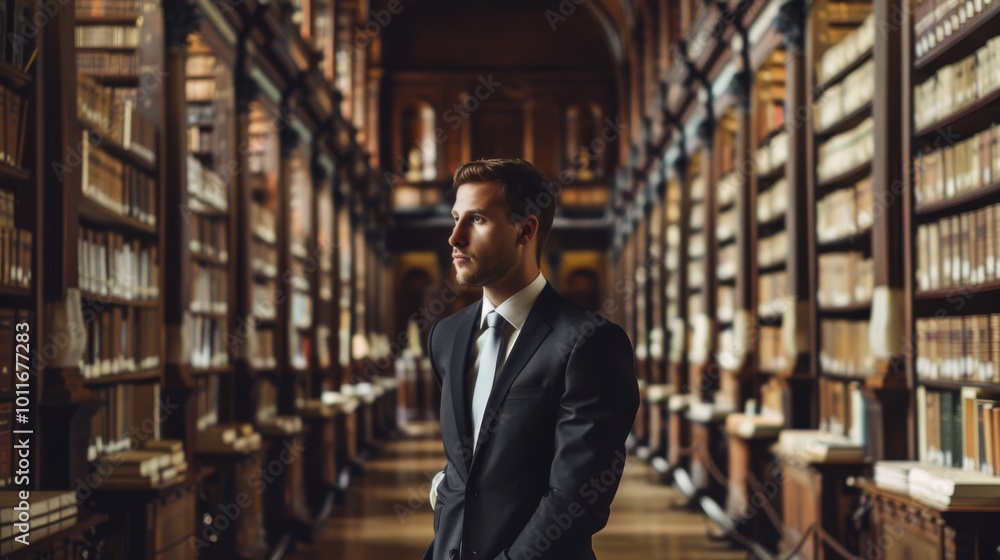A confident man in a suit stands in a majestic library, surrounded by towering shelves filled with books, emanating an aura of intelligence and elegance. A confident man in a suit stands in a majestic library, surrounded by towering shelves filled with books, emanating an aura of intelligence and elegance.